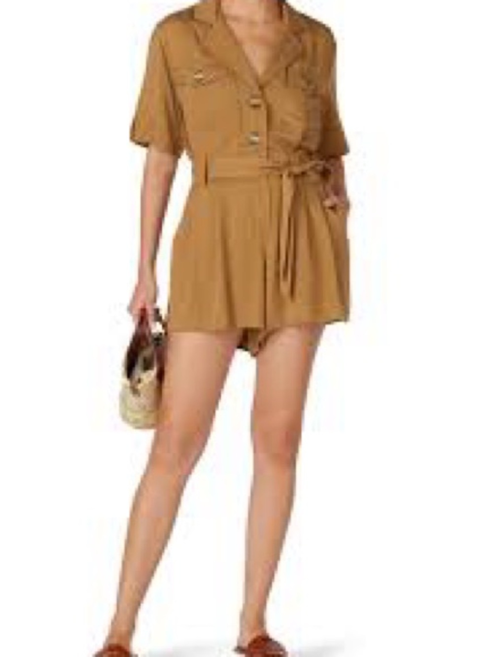 Casual Shirt-Tie Romper in Camel